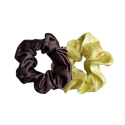 Σετ scrunchie δύο τεμάχια σατέν καφέ μονόχρωμο κίτρινο lurex