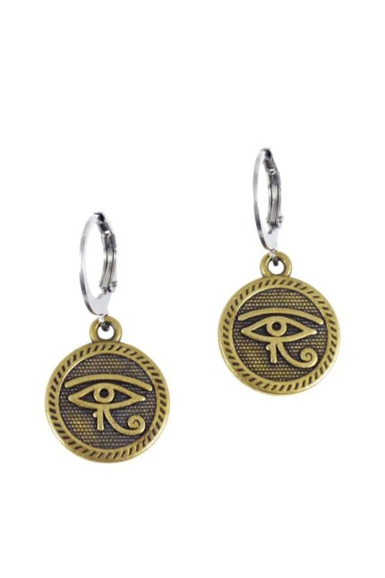 Αιγυπτιακό Μάτι του Ρα.Μπρονζέ φλουράκι με ανάγλυφο μάτι του Ρα και κρικάκι gun metal. Το φλουράκι έχει διάμετρο 1,5ε και το κρικάκι αγκαλιάζει το λοβό του αυτιού.