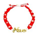 Χειροποιητο Μακραμε Βραχιολι -Νονα- με ασπρες περλες και κοκκινο βαμβακερο νημα