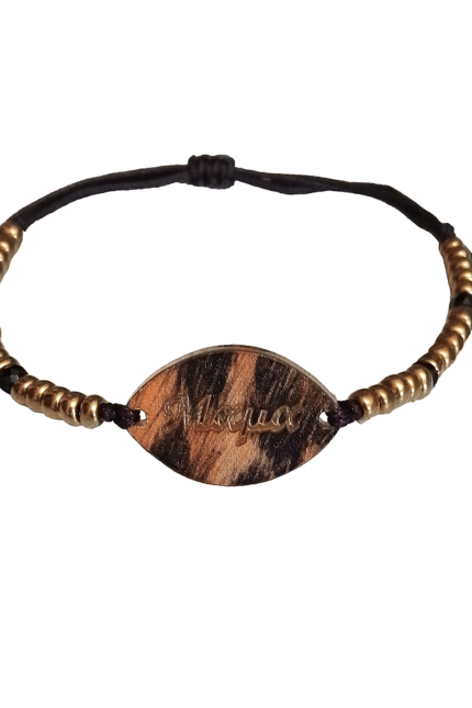Γυναικείο καφέ βραχιόλι ΜΑΜΑ με χρυσαφί χάντρες