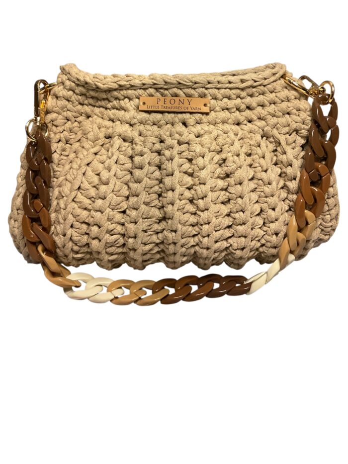 Χειροποίητη πλεκτή τσάντα boho σε camel beige – Crochet pleated bag