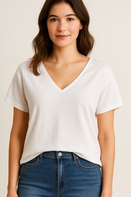 Μοντέλο φοράει loose μπλούζα με V ντεκολτέ σε λευκό χρώμα, ιδανική για καλοκαιρινές εμφανίσεις