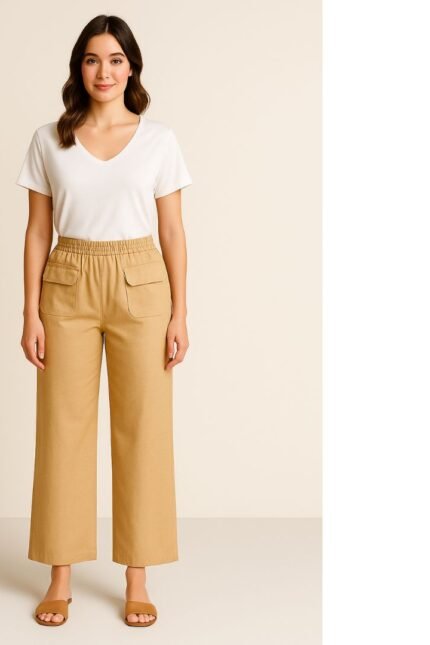 Παντελόνα με λάστιχο και τσέπες με καπάκι σε μελί απόχρωση, φορεμένη από μοντέλο