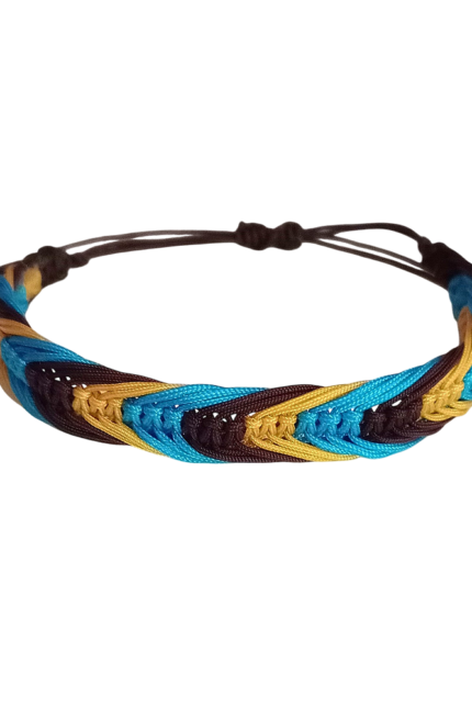 Βραχιόλι αντρικό τρίχρωμο μακραμέ, καφέ τυρκουάζ κίτρινο