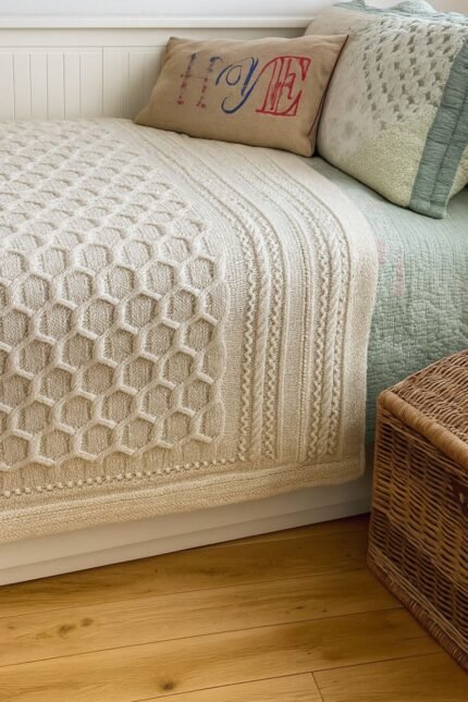 Πλεκτή κουβέρτα με ανάγλυφο μοτίβο κυψέλης σε ανοιχτό μπεζ χρώμα, στρωμένη πάνω σε κρεβάτι με διακοσμητικά μαξιλάρια.