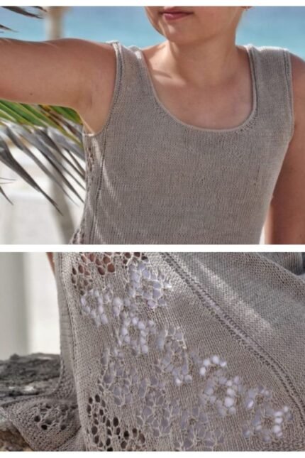 Πλεκτή tunic με τιράντες και δαντελωτή πλέξη – κοντινές λεπτομέρειες