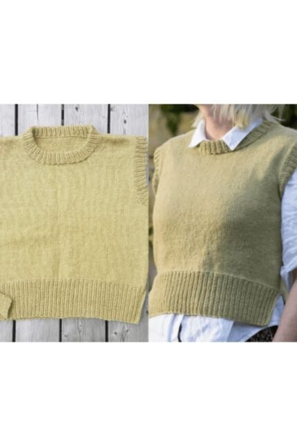 Χειροποίητο πλεκτό γιλέκο χωρίς μανίκια, με στρογγυλή λαιμόκοψη και rib τελειώματα, φορεμένο πάνω από πουκάμισο