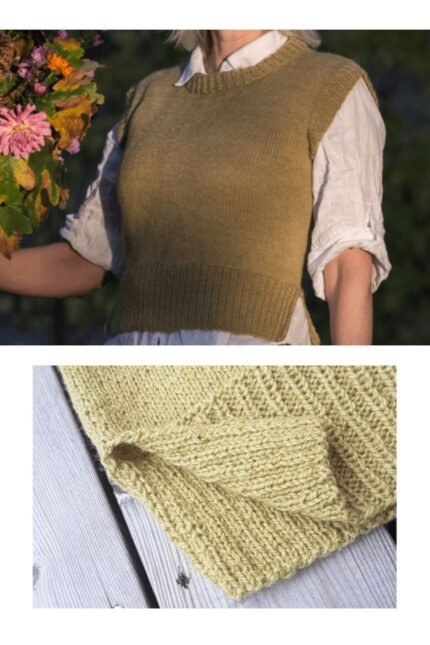 Χειροποίητο πλεκτό γιλέκο χωρίς μανίκια, με στρογγυλή λαιμόκοψη και rib τελειώματα, φορεμένο πάνω από πουκάμισο. Δείχνει το ρούχο ολοκληρωμένο με λεπτομέρεια.