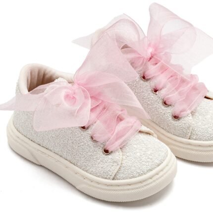 Babywalker Βαπτιστικά Sneaker απο Ύφασμα Glitter με Κορδέλα EXC5871 Λευκό Ροζ