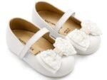 Babywalker Βαπτιστικά Γοβάκια Μονή Μπαρέτα Χρατς με Gros Grain Φιογκάκι και Λουλουδάκια BW4862 Λευκό