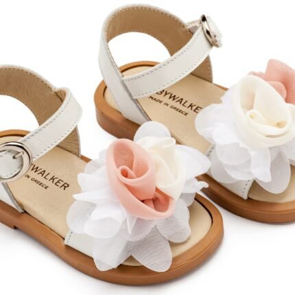 Babywalker Βαπτιστικά Πέδιλα με Χειροποίητο Διακοσμητικό με Chiffon Λουλούδια BW4860 Εκρού Ροζ