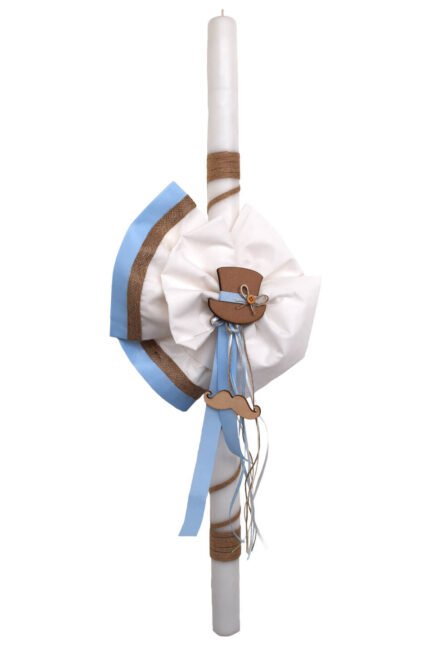 NstNastasia Λαμπάδα Βάπτισης Σιέλ Φιόγκος Καπέλο Μουστάκι Ξύλινα 0591