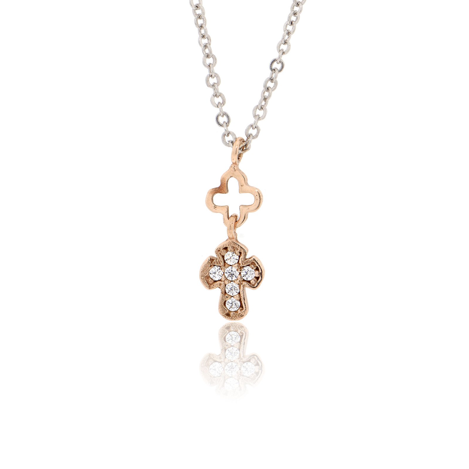 Διπλός-Μικρός-Σταυρός-με-Αλυσίδα-από-Λευκό-και-Ροζ-Χρυσό-Κ14-με-Πέτρες-Ζιργκόν-018957 Διπλός Μικρός Σταυρός με Αλυσίδα από Λευκό και Ροζ Χρυσό Κ14 με Πέτρες Ζιργκόν 018957