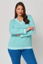 Μπλούζα Βαμβακερή Πλεκτή με V Lillian Aqua JUCITA