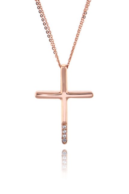 Σταυρός Βάπτισης Val΄Oro με Αλυσίδα για Κορίτσι από Ροζ Χρυσό Κ14 με Πέτρες Ζιργκόν 034898