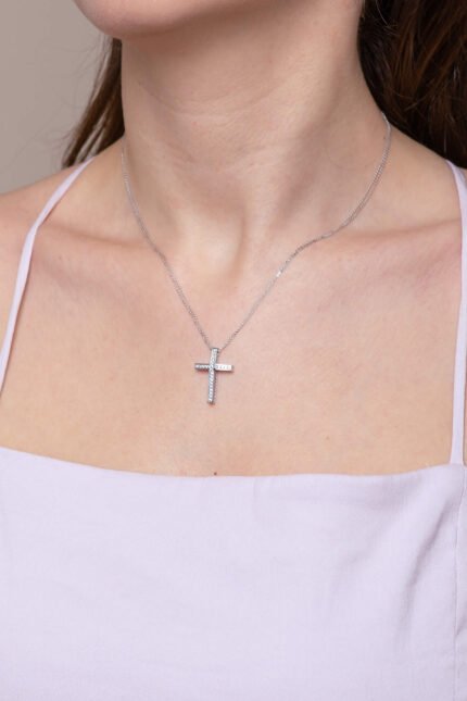 Σταυρός Βάπτισης με Αλυσίδα Val΄Oro Λευκό Χρυσό Κ14 με Πέτρες Ζιργκόν 033122 1