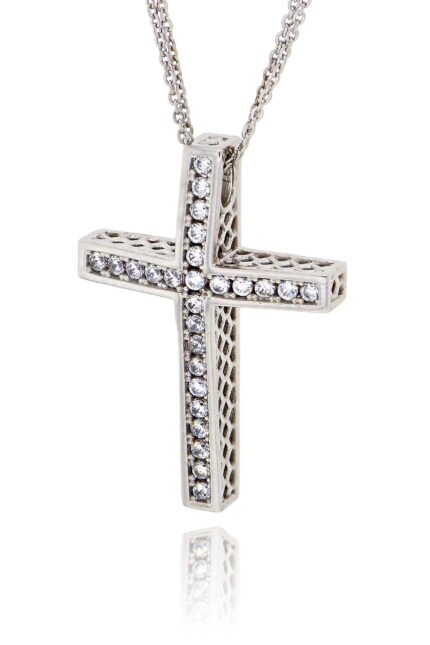 Σταυρός Βάπτισης με Αλυσίδα Val΄Oro Λευκό Χρυσό Κ14 με Πέτρες Ζιργκόν 033122