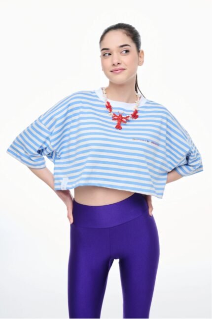 Γυναικείο κοντό μπλουζάκι με κέντημα και ρίγες baby blue