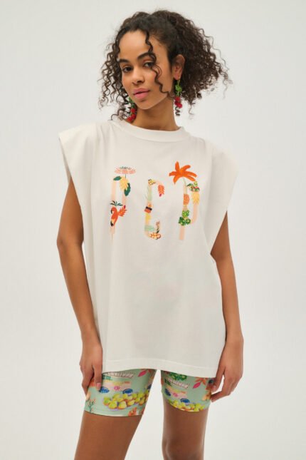 Γυναικείο Αμάνικο Μπλουζακι με τύπωμα - Tropical - WHITE