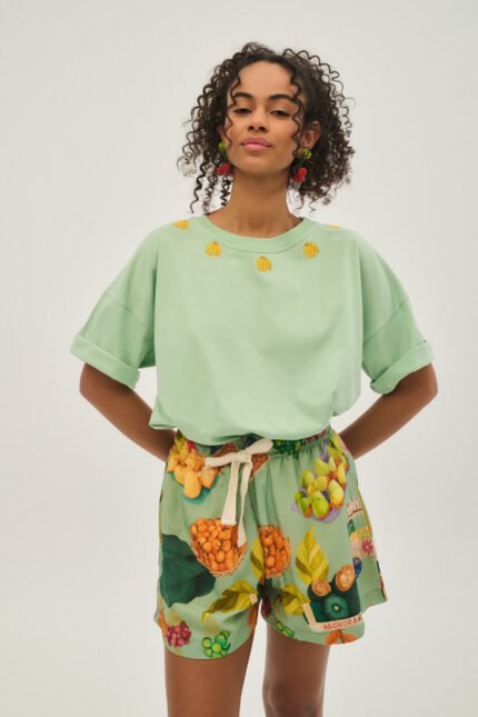 Γυναικείο κοντομάνικο μπλουζάκι με κέντημα - GONE BANANAS - PISTACHIO