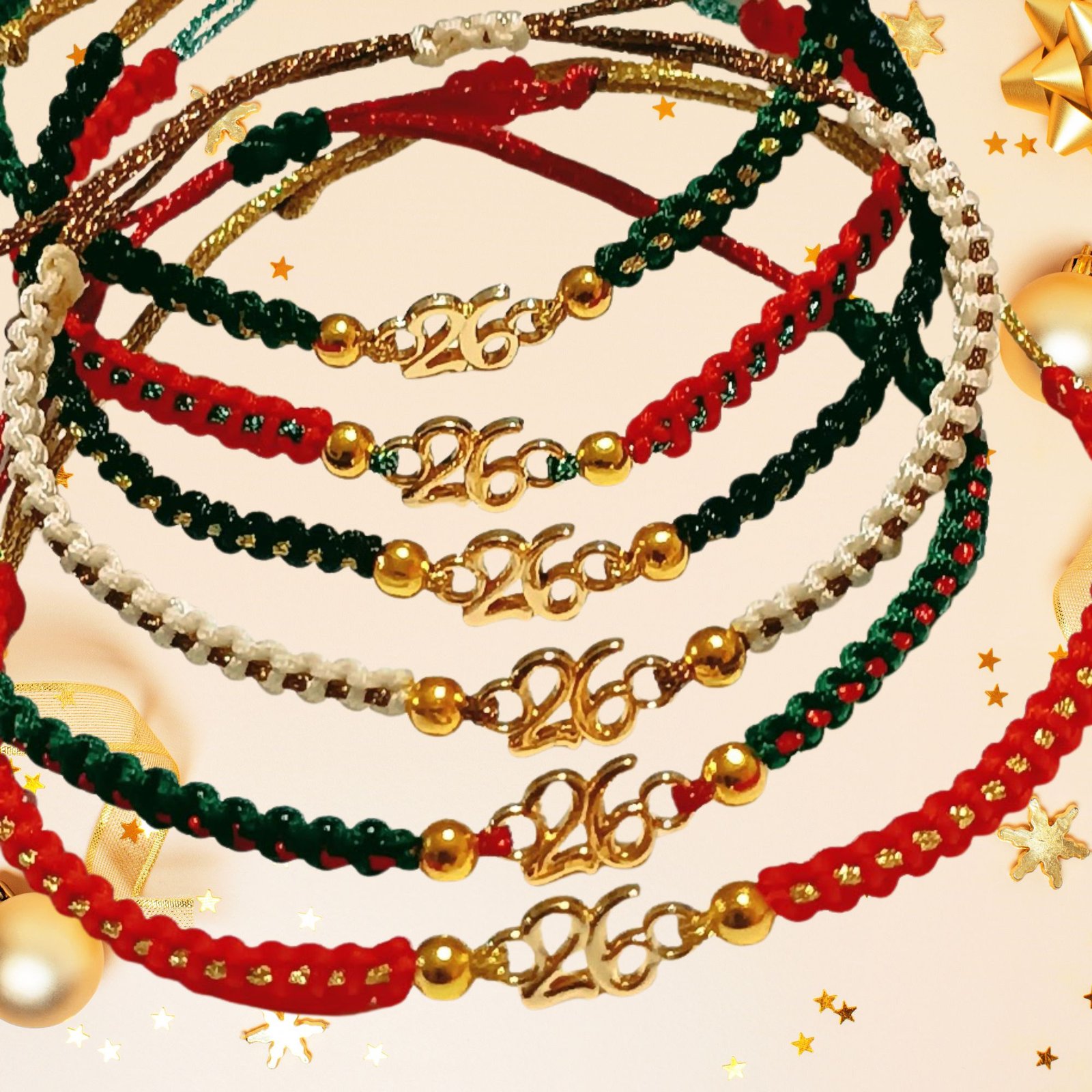 γούρι 26 (3) Σετ 6 χειροποίητα βραχιολάκια μακραμέ “26” "Glow Collection" - Image 1