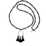 Κολιέ χειροποίητο από ατσάλι, ημιπολύτιμους λίθους και μαύρες φούντες