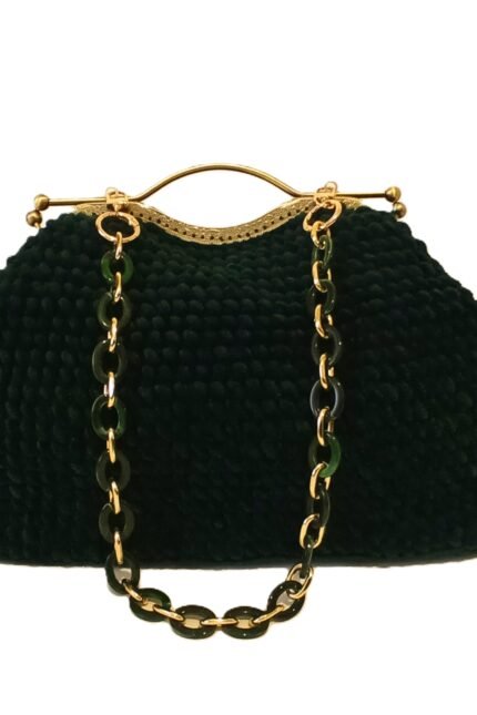 Χειροποίητη πλεκτή τσάντα vintage χειρός και ώμου σε σκούρο κυπαρισσί