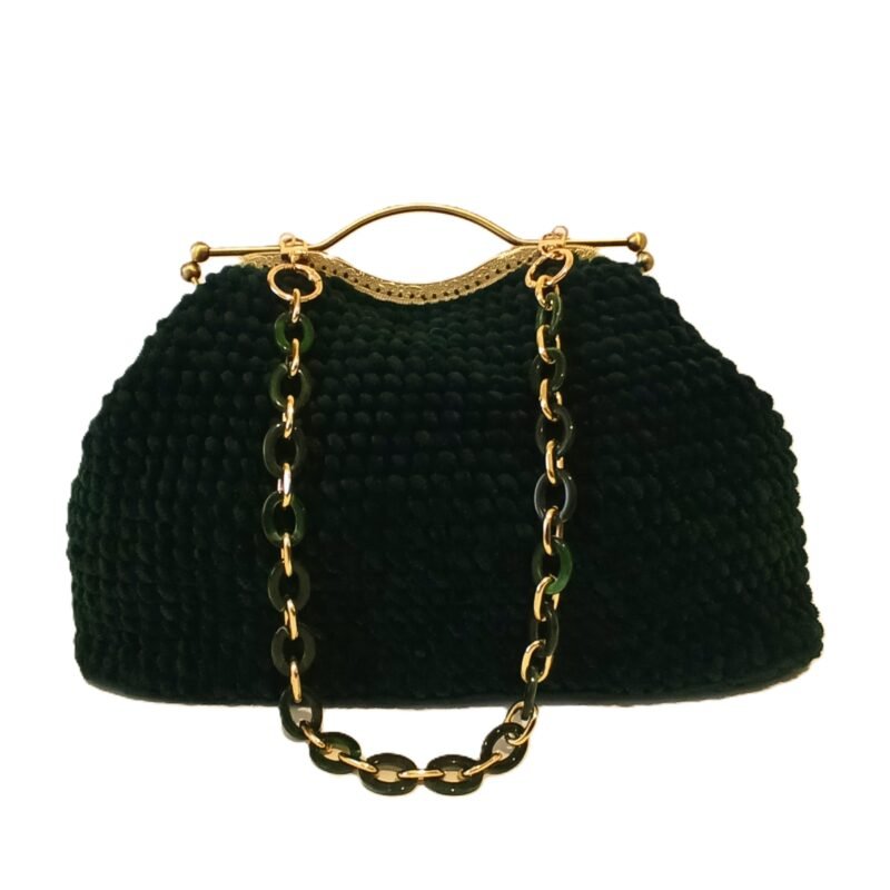 Χειροποίητη πλεκτή τσάντα vintage χειρός και ώμου σε σκούρο κυπαρισσί