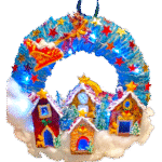 Χειροποιητο στεφανι -ο Αη Βασιλης με το ελκηθρο σε Χριστουγεννιατικο χωριο- φωτιζομενο με led