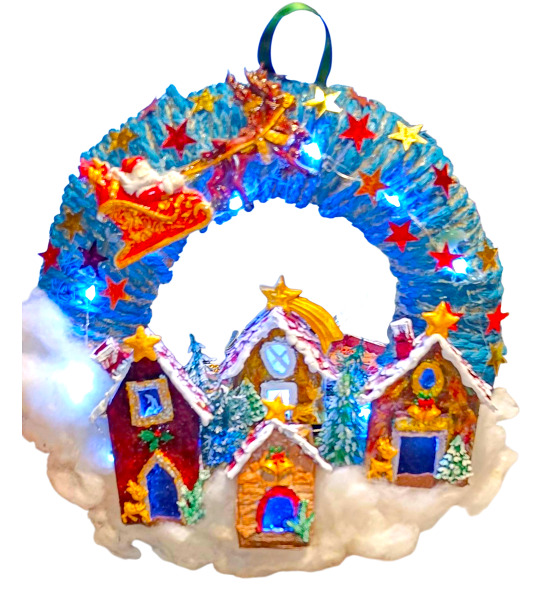 transparent-Photoroom (11) Χειροποιητο στεφανι -ο Αη Βασιλης με το ελκηθρο σε Χριστουγεννιατικο χωριο- φωτιζομενο με led - Image 1