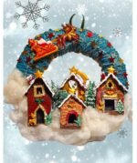 Χειροποιητο στεφανι -ο Αη Βασιλης με το ελκηθρο σε Χριστουγεννιατικο χωριο- φωτιζομενο με led - Image 6