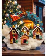 Χειροποιητο στεφανι -ο Αη Βασιλης με το ελκηθρο σε Χριστουγεννιατικο χωριο- φωτιζομενο με led - Image 4