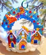 Χειροποιητο στεφανι -ο Αη Βασιλης με το ελκηθρο σε Χριστουγεννιατικο χωριο- φωτιζομενο με led - Image 3