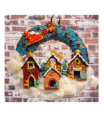 Χειροποιητο στεφανι -ο Αη Βασιλης με το ελκηθρο σε Χριστουγεννιατικο χωριο- φωτιζομενο με led - Image 2