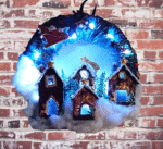 Χειροποιητο στεφανι -ο Αη Βασιλης με το ελκηθρο σε Χριστουγεννιατικο χωριο- φωτιζομενο με led - Image 7