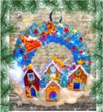 Χειροποιητο στεφανι -ο Αη Βασιλης με το ελκηθρο σε Χριστουγεννιατικο χωριο- φωτιζομενο με led - Image 6