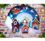 Χειροποιητο στεφανι -ο Αη Βασιλης με το ελκηθρο σε Χριστουγεννιατικο χωριο- φωτιζομενο με led - Image 3