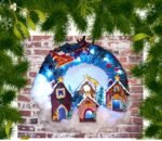 Χειροποιητο στεφανι -ο Αη Βασιλης με το ελκηθρο σε Χριστουγεννιατικο χωριο- φωτιζομενο με led - Image 9