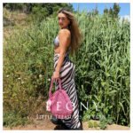 Μεγάλη πλεκτή, ροζ στρογγυλή τσάντα με pon pon