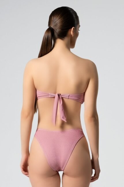 Bandeau with removable padding  Adjustable back tie closure  Gold ring detail  Side boning Bottom- High cut leg  Mid-rise  Cheeky coverage 