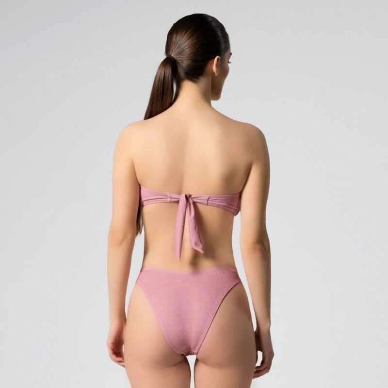 Bandeau with removable padding  Adjustable back tie closure  Gold ring detail  Side boning Bottom- High cut leg  Mid-rise  Cheeky coverage 