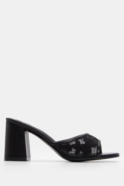 Mules με Δίχτυ & Διακοσμητικά Λουλούδια από Δαντέλα - Μαύρο