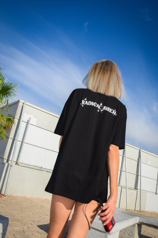 Crew neck  Drop shoulders  Radical siren print  Oversized fit  100% organic cotton 