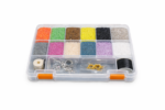 Closed seed beads box organizer with 11/0 glass beads, clasps and nylon thread on white background.