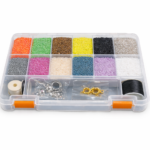 Closed seed beads box organizer with 11/0 glass beads, clasps and nylon thread on white background.