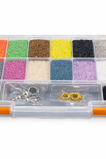 Closed seed beads box organizer with 11/0 glass beads, clasps and nylon thread on white background.