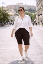 Plus size γυναίκα περπατά στην Αθήνα φορώντας espresso ελαστικό κολάν χωρίς τσέπες και λευκή καλοκαιρινή λινή πουκαμίσα, με λευκά sneakers και μπεζ crossbody τσάντα. Βασισμένο στο πατρόν του προϊόντος.