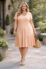 Plus size μοντέλο, φοράει άνετο βαμβακερό φόρεμα, ροζ απόχρωση, βασισμένο στο πατρόν του προϊόντος.