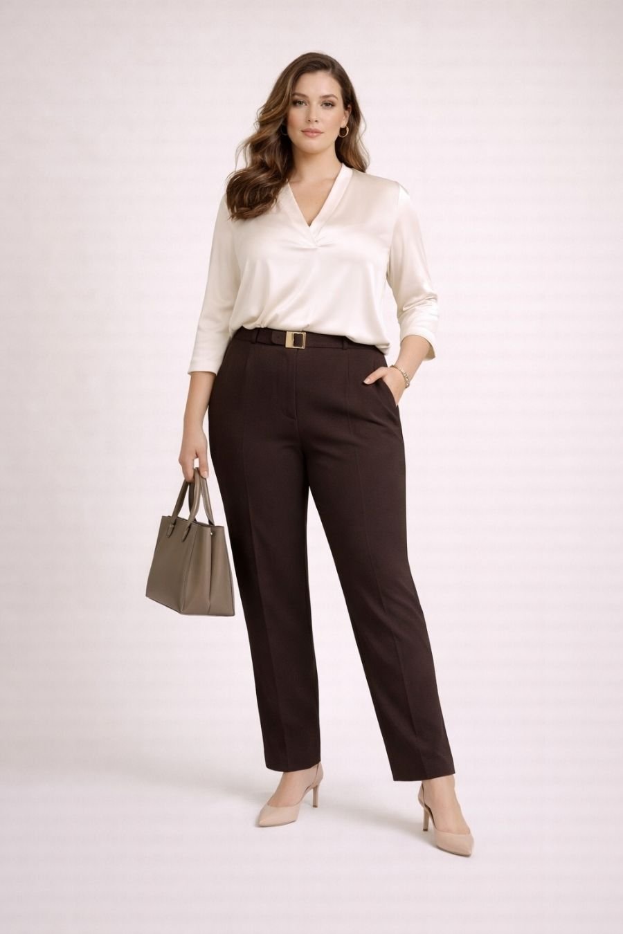 sewing_pattern_classic_straight_pants_ PLUS SIZE Plus size μοντέλο φοράει ψηλόμεσο tailored παντελόνι σε σοκολατί απόχρωση με ιβουάρ μεταξωτή μπλούζα, nude γόβες και structured taupe τσάντα σε elegant studio σύνολο. Βασισμένο στο πατρόν του προϊόντος.