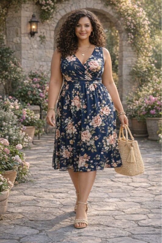 Plus-size model wearing a navy floral wrap dress with V-neckline and gathered waist, styled with gold jewelry and a woven straw tote, walking confidently through a sunlit stone courtyard garden. Based garment of our sweing pattern.